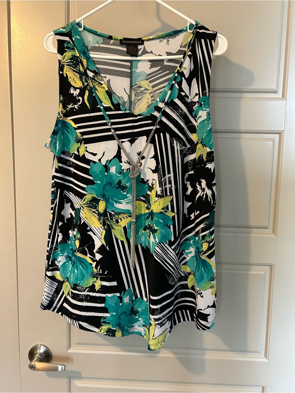 Susan Lawrence Black Floral Tank with Teal & Yellow Accents